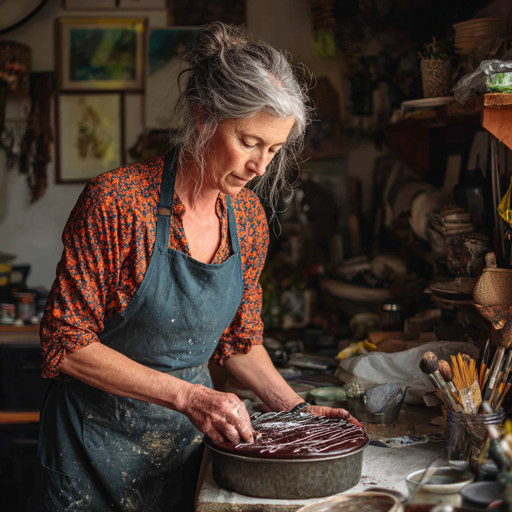 kobieta trzyma ciasto w okrągłej formie